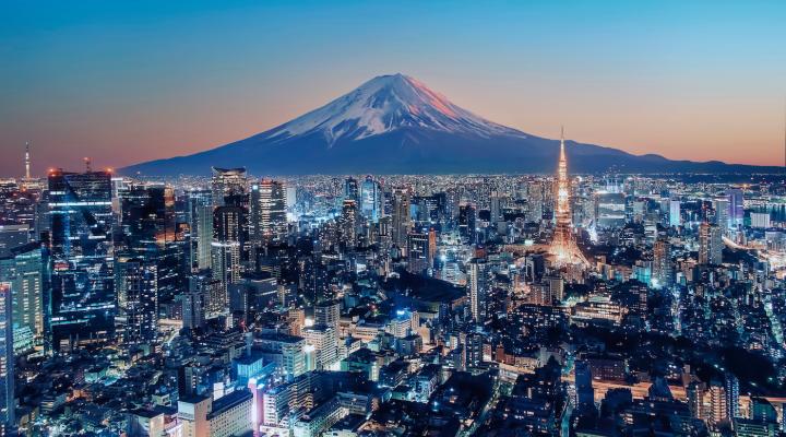 Scrutinize of Tokyo Japan with Mount Fuji on the horizon