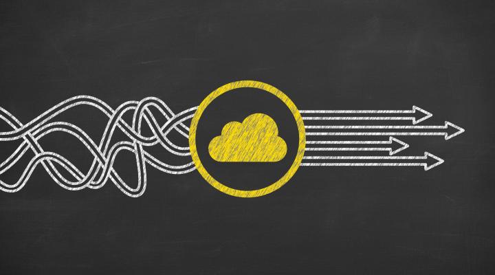 Tangled lines flowing through a digital cloud and emerging as straight lines