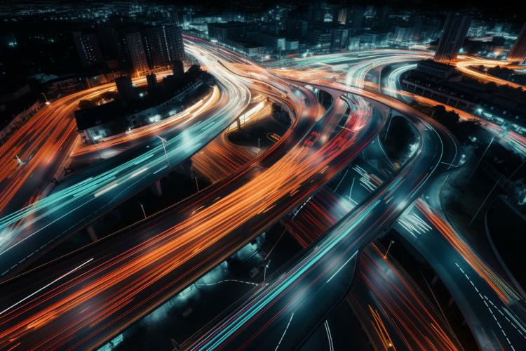 Adobe stock long-exposure photography of a highway system with blue headlights and red tail lights of cars driving throughout.